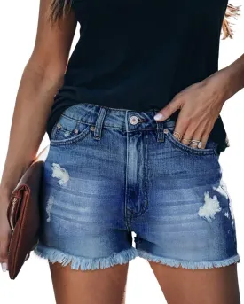 ZOLUCKY Women's Casual Summer Denim Shorts Mid Waisted Stretchy Ripped Jean Shorts with Pockets